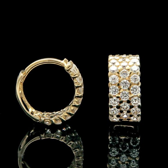 Real 14k Solid Yellow Gold Huggie Earrings 3-Row Cluster Pave Small- 6x11mm